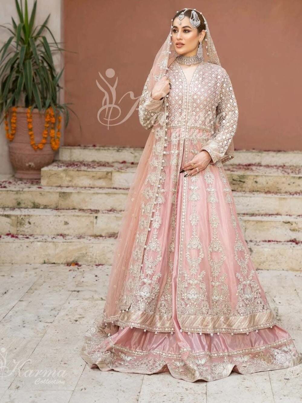 Karma Collection Pink Heavily Embroidered Organza Bridal Pishwas Lehenga